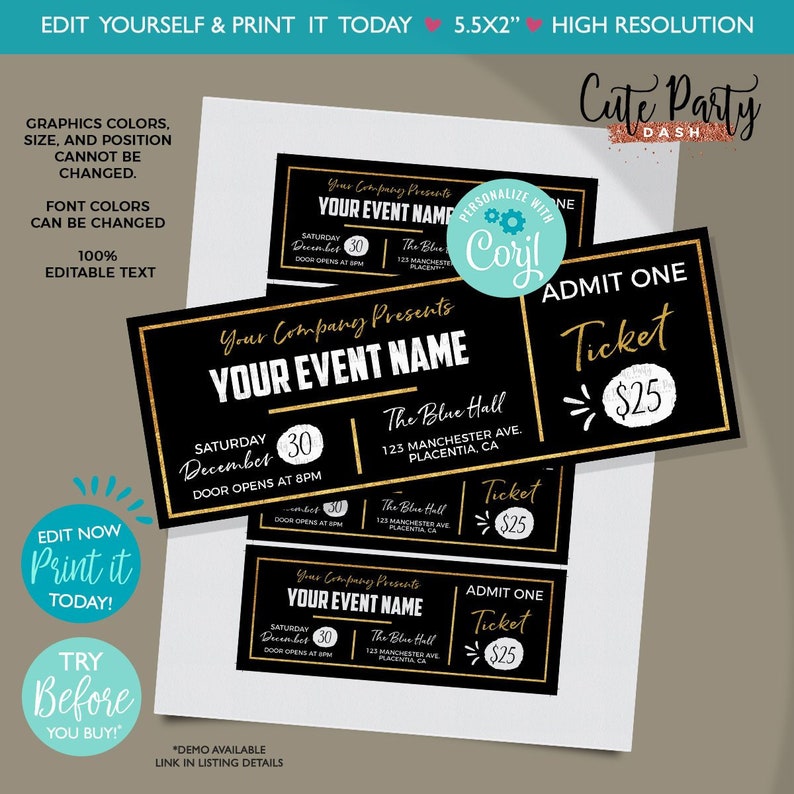 INSTANT DOWNLOAD EDITABLE Event Golden Ticket Printable Event Black Gold Ticket Template Printable Event Fake Pass corjl template ticket image 1