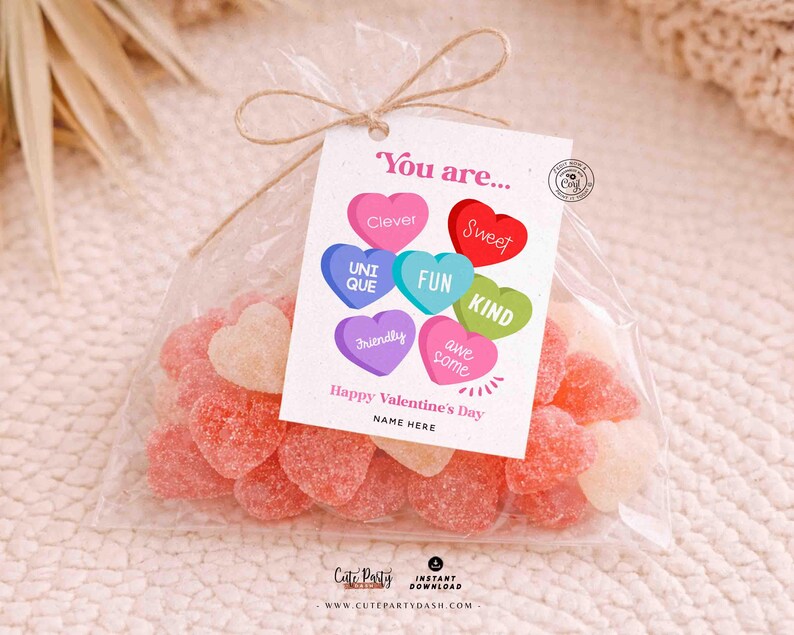 Candy Hearts Valentine's Day Tag Printable, Kids Classroom Exchange, Editable Teacher  Valentine Tag
