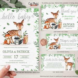 May include: A set of printable baby shower cards featuring a woodland theme with a deer, fox, raccoon, and owl. The cards include an invitation, thank you card, diaper raffle card, and a book request card. The cards are decorated with green leaves and a white background.