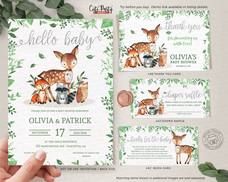 May include: A set of printable baby shower cards featuring a woodland theme with a deer, fox, raccoon, and owl. The cards include an invitation, thank you card, diaper raffle card, and a book request card. The cards are decorated with green leaves and a white background.