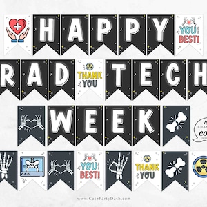 May include: Black and white banner with the text "Happy Rad Tech Week" in white letters. The banner has a black and white polka dot pattern and includes various illustrations related to the medical field, such as a heart, a bone, and a radiation symbol.