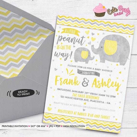 Yellow /& Grey Elephant Gender Neutral Baby Shower Invitation Editable PDF