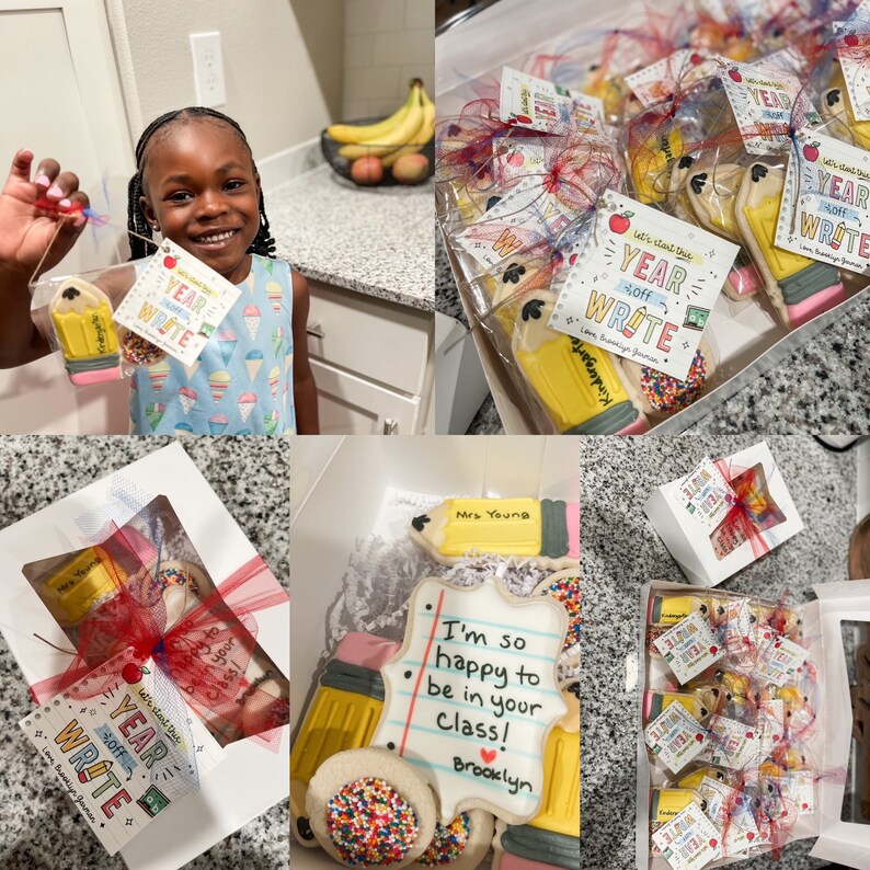 May include: A set of decorated sugar cookies in the shape of pencils and a notepad. The cookies are decorated with colorful sprinkles and icing. The notepad cookie has the text "I'm so happy to be in your class! Brooklyn" written on it. The cookies are packaged in a clear plastic container with a red ribbon.