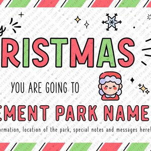 May include: A Christmas-themed gift voucher for an amusement park. The voucher features a red and green striped background with a festive illustration of a Ferris wheel and Santa Claus. The text reads "Merry Christmas" and "You are going to [Amusement Park Name]".