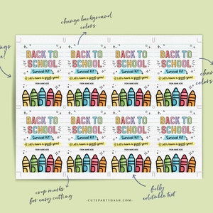 Back to School Survival Kit Gift Tag INSTANT DOWNLOAD Printable First Day of School Gift Tag template Editable Gift from Teacher Student Kid