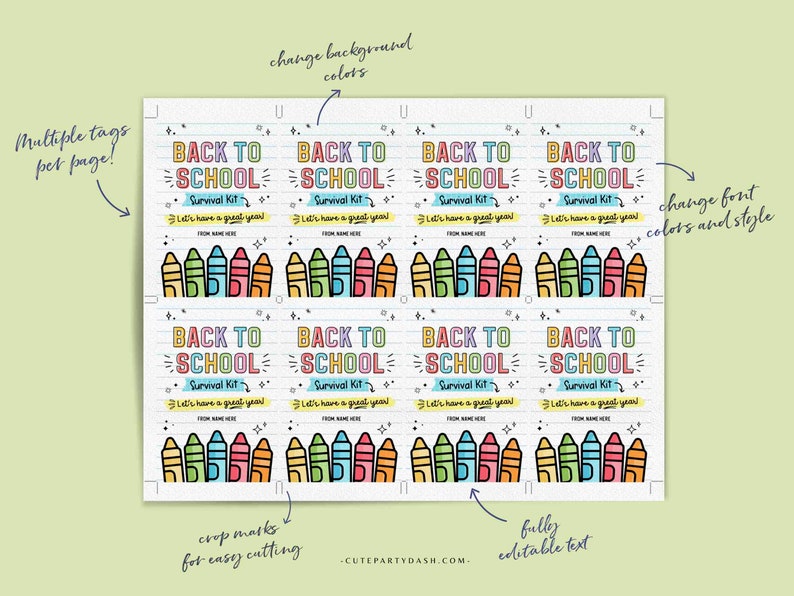 Back to School Survival Kit Gift Tag INSTANT DOWNLOAD Printable First Day of School Gift Tag template Editable Gift from Teacher Student Kid