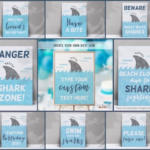 May include: A set of printable shark-themed signs for a birthday party. The signs feature a grey shark fin on a blue and white background. The signs include text such as "Welcome to Cobin's 3rd Birthday!" and "Danger Shark Zone!"