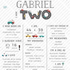 May include: A colorful printable birthday chart for a two-year-old boy named Gabriel. The chart features a road with cars, trucks, and an airplane. It includes information about his birthdate, weight, height, favorite things, and personality traits.