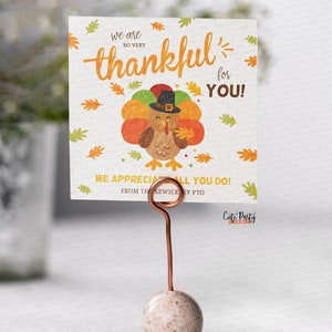 Pu&ograve; includere: Un biglietto di ringraziamento per il Ringraziamento con un tacchino dei cartoni animati che indossa un cappello da pellegrino e tiene una foglia. Il biglietto dice "We are so very thankful for YOU!" e "We appreciate all you do! From the Sewickley PTO".