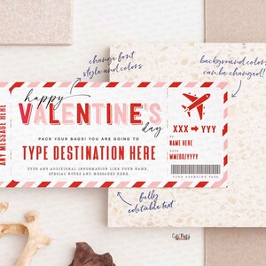 Boarding Pass Ticket Template, Editable Valentine's Day gift ticket, Fake Vacation Airplane Ticket Trip, Airlines Voucher INSTANT DOWNLOAD