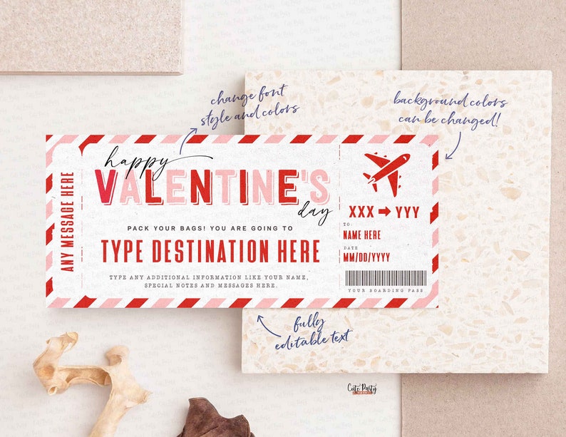 Boarding Pass Ticket Template, Editable Valentine's Day gift ticket, Fake Vacation Airplane Ticket Trip, Airlines Voucher INSTANT DOWNLOAD