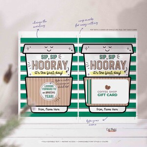 Puede incluir: Plantilla de tarjeta de regalo imprimible con una taza de caf&eacute; de dibujos animados con el texto "Sip, Sip Hooray! It's the first day!" y un dise&ntilde;o de tarjeta de regalo de cafeter&iacute;a. La plantilla es personalizable con texto editable y estilos de fuente.