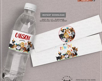 May include: Printable water bottle labels featuring a paw-ty theme with a group of dogs wearing party hats. The labels are editable and include the text "Let's Paw-ty!" and "Carson".