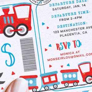 May include: A red, white, and blue train ticket invitation with a cartoon train and the text "Two for Liam's 2nd Birthday". The invitation includes details for a train-themed party, including the date, time, and location. RSVP information is also included.