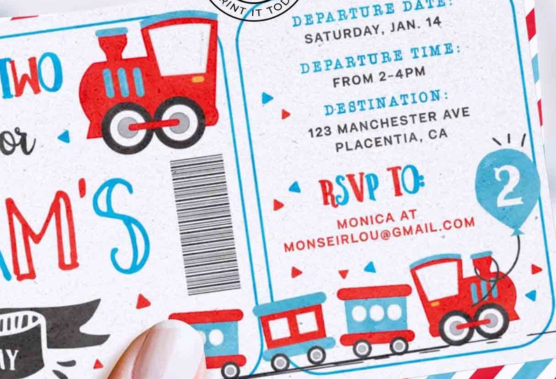 May include: A red, white, and blue train ticket invitation with a cartoon train and the text "Two for Liam's 2nd Birthday". The invitation includes details for a train-themed party, including the date, time, and location. RSVP information is also included.