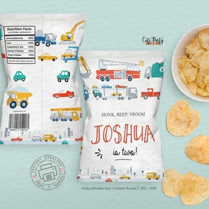 May include: Printable chip bag design featuring a colorful illustration of various vehicles, including a fire truck, dump truck, and a car carrier. The text "HONK, BEEP, VROOM JOSHUA is two!" is printed on the front of the bag. The bag is designed for a birthday party.