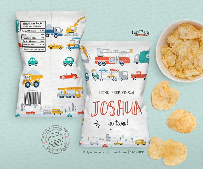 May include: Printable chip bag design featuring a colorful illustration of various vehicles, including a fire truck, dump truck, and a car carrier. The text "HONK, BEEP, VROOM JOSHUA is two!" is printed on the front of the bag. The bag is designed for a birthday party.