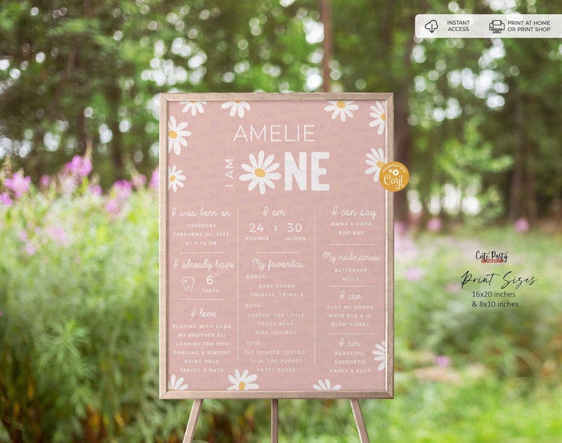 May include: A pink and white printable sign with a daisy design. The sign says "Amelie I am One" and includes details about the child's birth, including the date, weight, and length. The sign also lists the child's favorite things, nicknames, and abilities.