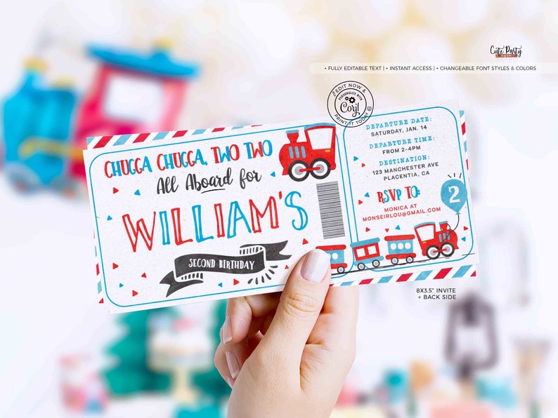 EDITABLE Chugga Chugga Choo choo Train Birthday Party ticket invitation, Second Birthday two two train Boarding Pass printable invite 386