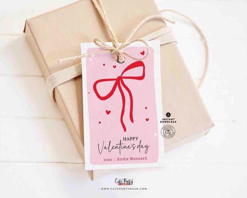 Red Coquette Bow Happy Valentine's Day Gift Tag Printable INSTANT DOWNLOAD Whimsical Teacher Valentines Gift Co worker Team EDITABLE Kids