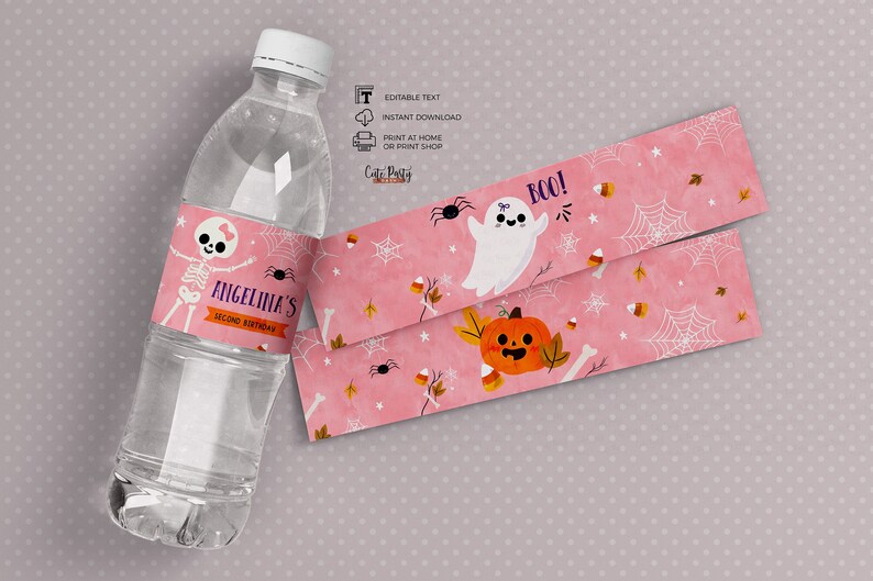 Rosa Halloween-etiketter för vattenflaskor: Festgåvor, födelsedagsinbjudningar (digital nedladdning) bild 1