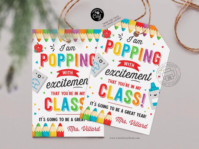 May include: Two printable gift tags with a colorful pencil border and the text "I am popping with excitement that you're in my class! It's going to be a great year!"  The tags are designed for teachers to give to their students at the beginning of the school year.