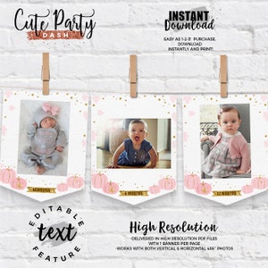 May include: Three printable photo banner templates with pink and gold pumpkins and glitter. The banners are for a baby's first year and say "Newborn", "6 Months", and "12 Months".