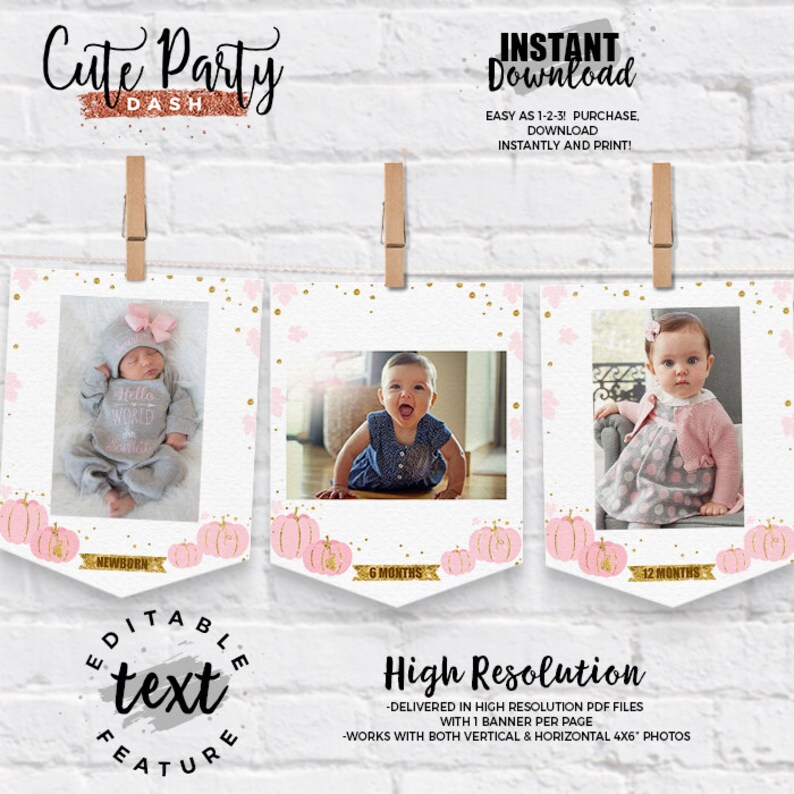 May include: Three printable photo banner templates with pink and gold pumpkins and glitter. The banners are for a baby's first year and say "Newborn", "6 Months", and "12 Months".