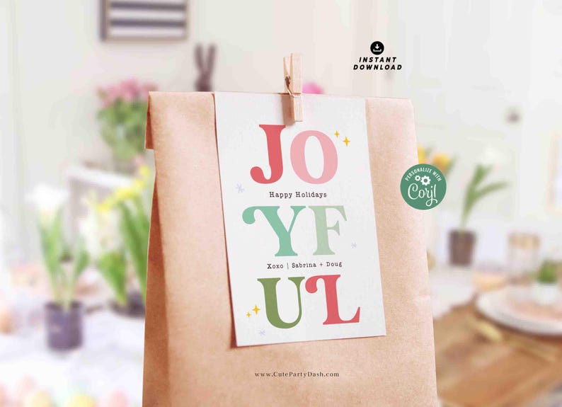 Joyful Christmas Gift Tag Printable INSTANT DOWNLOAD Happy Holidays Colorful Wine Bottle Label Sticker Modern Christmas Festive Favor Tag