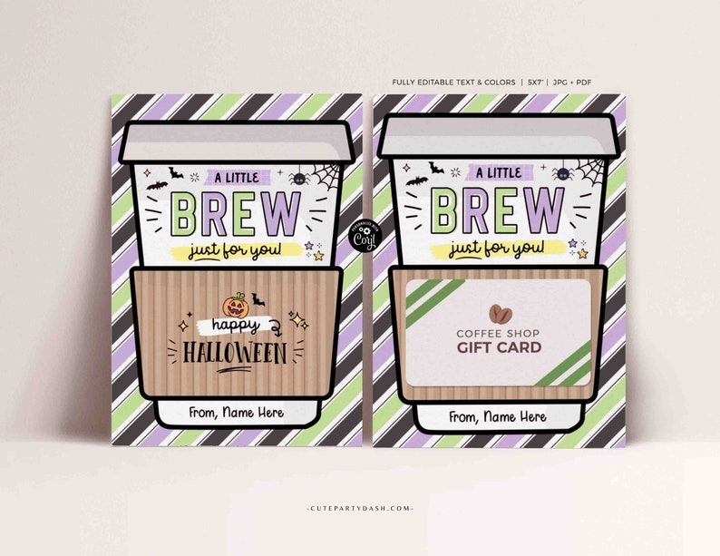 Editable Fall Harvest Teacher Halloween Coffee Gift Card Holder template, little Brew Halloween Pumpkin Teacher Party Treat INSTANT DOWNLOAD