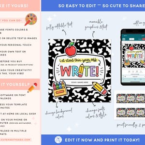May include: A digital template with a black and white speckled background, featuring the text "Let start this year off WRITE!" in colorful letters. Includes illustrations of a red apple, pencils, and crayons. The design is shown on a phone and printed on a page.