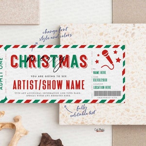 Pu&ograve; includere: Un biglietto di Natale rosso e verde con il testo "CHRISTMAS" in rosso e bianco. Il biglietto dice "You are going to see ARTIST/SHOW NAME" e ha spazio per un nome, una data e una posizione.