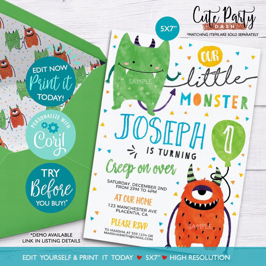 INSTANT DOWNLOAD EDITABLE Little Monster Birthday Invitations Monster ...