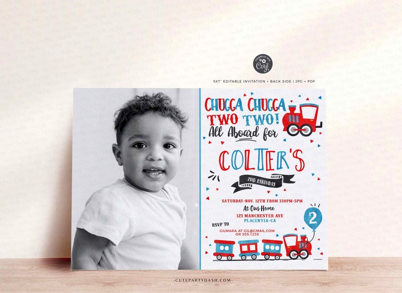 EDITABLE Chugga Chugga Choo choo Train Birthday Party Photo invitation Template, Second Birthday two two INSTANT DOWNLOAD Train Invite 386