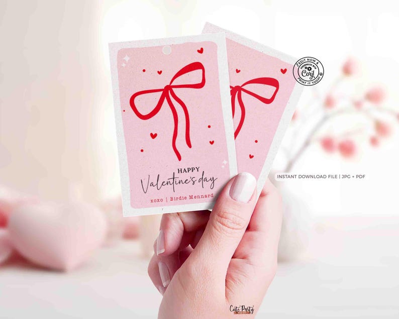 Red Coquette Bow Happy Valentine's Day Gift Tag Printable INSTANT DOWNLOAD Whimsical Teacher Valentines Gift Co worker Team EDITABLE Kids