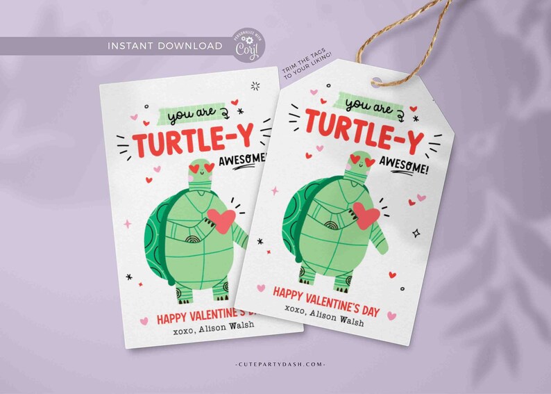 Valentine's Day Kids Classroom Punny Tags Printable INSTANT DOWNLOAD Happy Valentine's Day Pun Card EDITABLE Turtle Non-Candy School Teacher