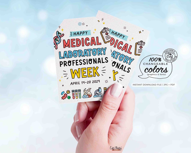May include: Printable digital download of a colorful card that says "Happy Medical Laboratory Professionals Week" with a date of April 14-20, 2024. The card is decorated with lab equipment and other medical symbols.