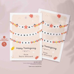 May include: A printable Thanksgiving card with a garland of fall leaves and stars. The card says "In My Thankful Era" and has space for a name and message.