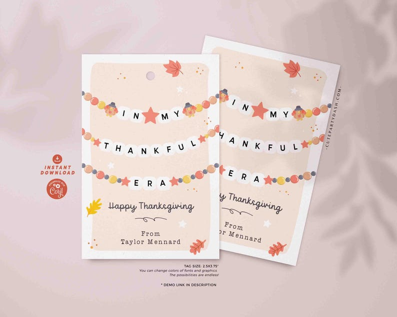 May include: A printable Thanksgiving card with a garland of fall leaves and stars. The card says "In My Thankful Era" and has space for a name and message.