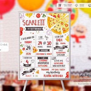 Op de afbeelding: Een afdrukbare mijlpaalposter voor de eerste verjaardag met een pizzathema. De poster is versierd met rode en witte stippen, pizzapunten en een rood hart. De poster bevat de naam van het kind, Scarlett, en details over zijn eerste jaar, waaronder zijn geboortedatum, gewicht, lengte en mijlpalen. De poster is volledig bewerkbaar.