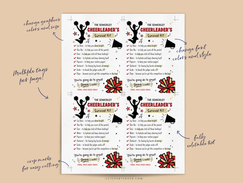 Cheerleader Survival Kit Tag Printable INSTANT DOWNLOAD Editable Cheer Team Gift Survival Kit Card Good Luck School Sports Player Gift Treat