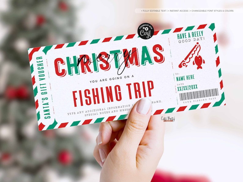 May include: A printable Christmas gift voucher for a fishing trip. The voucher is red, green, and white with a striped pattern. It says "Santa's Gift Voucher" and "Christmas Fishing Trip".