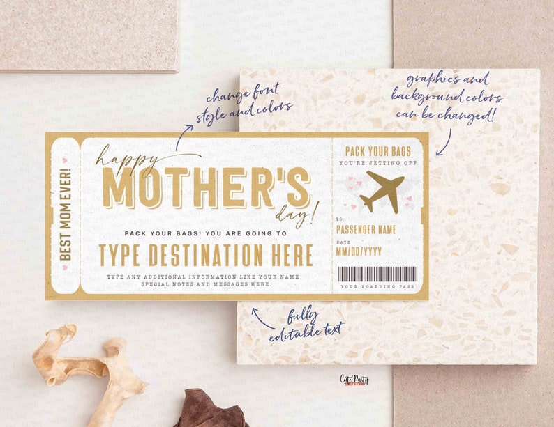 Mother's Day Gift Boarding Pass Trip Voucher Template, Editable Fake Airplane Surprise Trip gift ticket Travel mom, grandma INSTANT DOWNLOAD