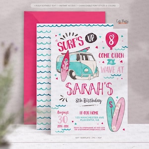 Surf&#39;s Up Birthday Invitation: Pink Watercolor Beach Party (Digital Download)