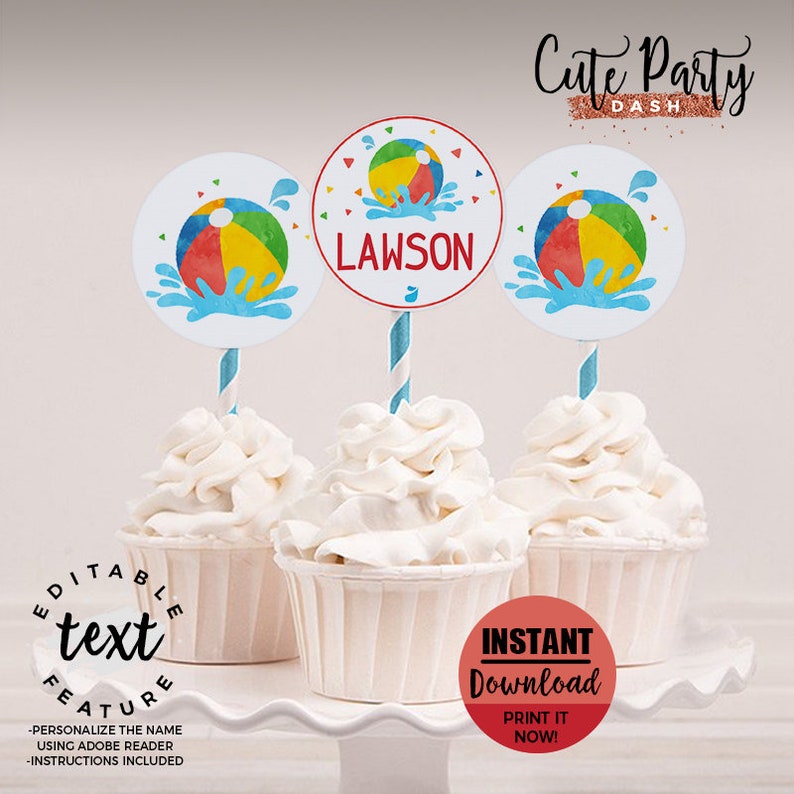 May include: Three cupcakes with white frosting are decorated with beach ball-themed toppers. One topper has the name "Lawson" in red. The toppers feature a colourful beach ball design with water splashes. The image includes text that says "Editable Text Feature" and "Instant Download".