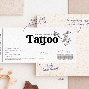 May include: A printable gift certificate for a tattoo appointment. The certificate features a black and white illustration of a tattoo machine and an anchor with the text "Get Inked". The text "You are getting a Tattoo" is in a bold, retro font. The text "Pick a design" is below the illustration. The text "You're getting tatted" is below the text "Pick a design". The text "It's finally time" is below the text "You're getting tatted". The certificate has a barcode and the text "Date" and "A special gift to:" with blank lines for the user to fill in.