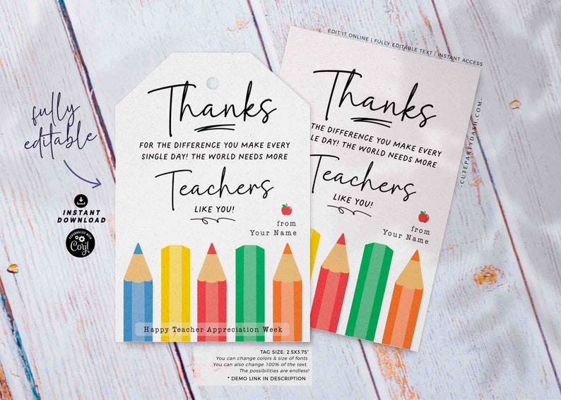Teacher Appreciation Week Gift Tag Printable INSTANT DOWNLOAD Gift for Teachers Gift box Thank You Card Editable Happy Teacher Appreciation