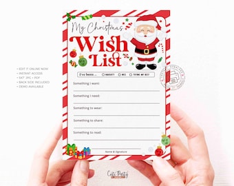 Può includere: Modello di lista dei desideri di Natale stampabile con un Babbo Natale dei cartoni animati su uno sfondo di bastoncino di zucchero rosso e bianco a righe. Il modello include sezioni per "Qualcosa che voglio", "Qualcosa di cui ho bisogno", "Qualcosa da indossare", "Qualcosa da condividere" e "Qualcosa da leggere".