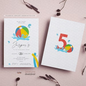 May include: Two white invitations with a beach ball and water splash design. One invitation features the text "Jasper's Fifth Birthday Bash" and the date August 23. The other invitation shows the number 5.