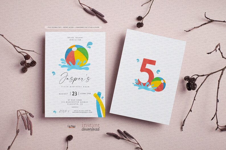 May include: Two white invitations with a beach ball and water splash design. One invitation features the text "Jasper's Fifth Birthday Bash" and the date August 23. The other invitation shows the number 5.
